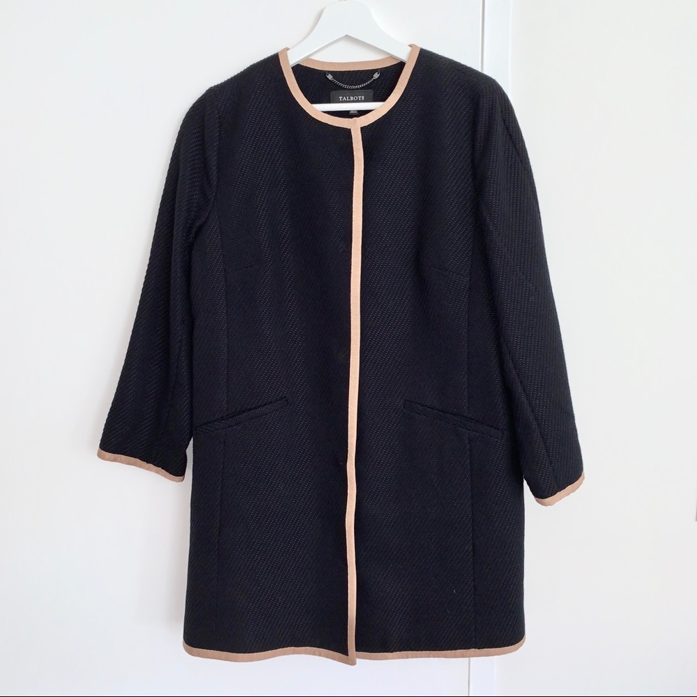Talbots Black Coat w/ Beige Trim - women’s size 8
